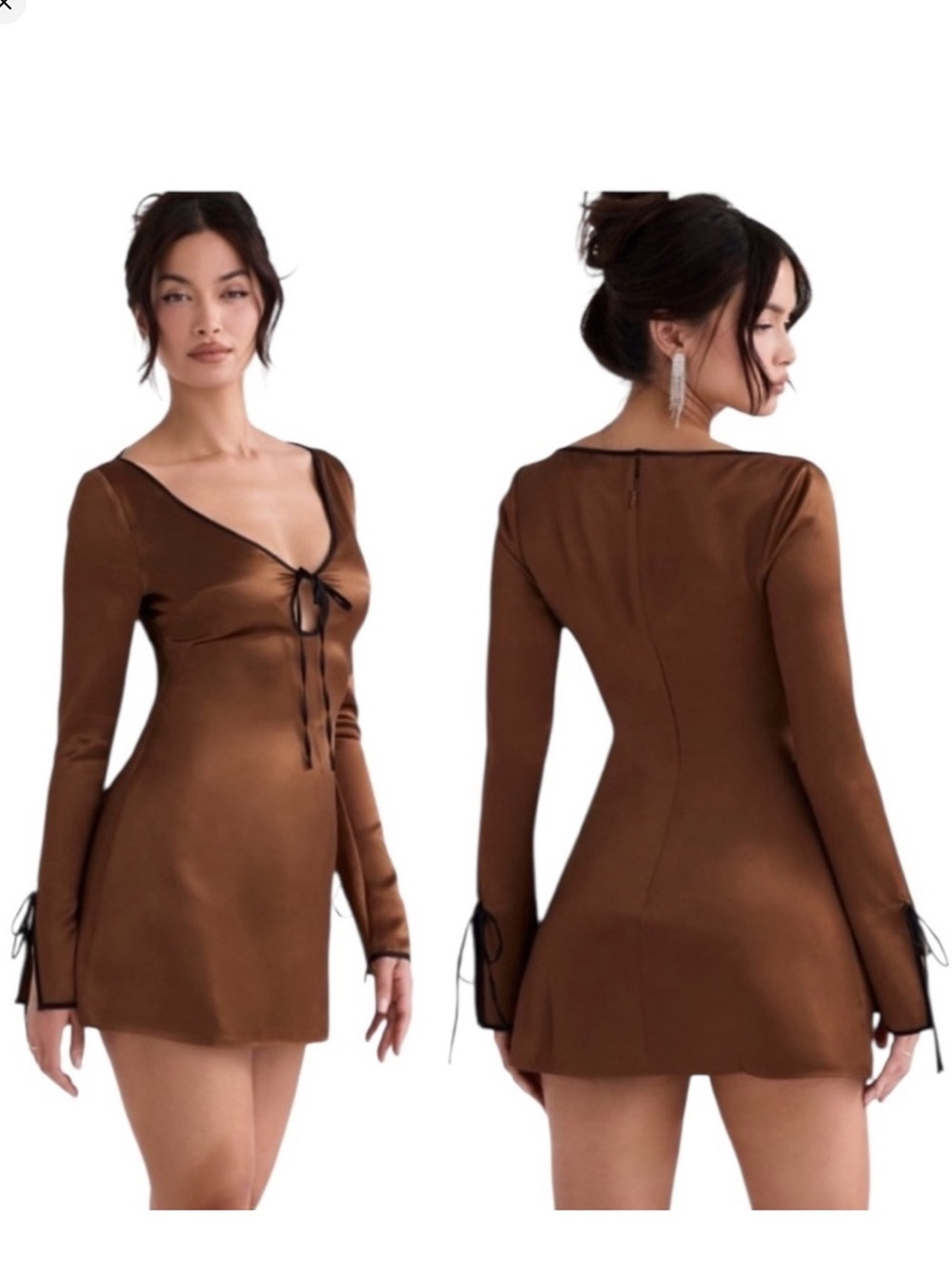 House of CB Brown Satin Tie-Front Long Sleeve Mini Dress